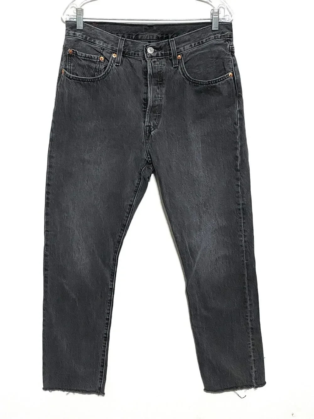 Levis 501 Original Fit Faded Raw Hem Jeans Men 30x30 Black Classic Grunge Casual